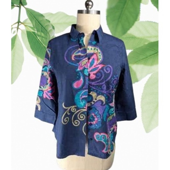 Chico's Sz 2 Blue/Multicolor 3/4 Sleeve Collared Button Down Shirt Women No Iron - Picture 2 of 5